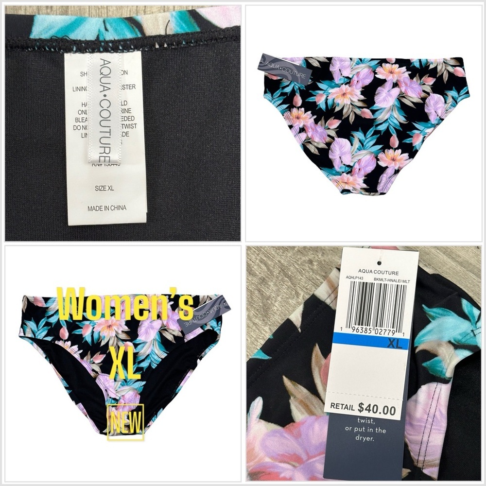 Aqua Couture XL 16 18 Swim Bikini Bottom Hipster Flowers Tropical Swimwear NWT